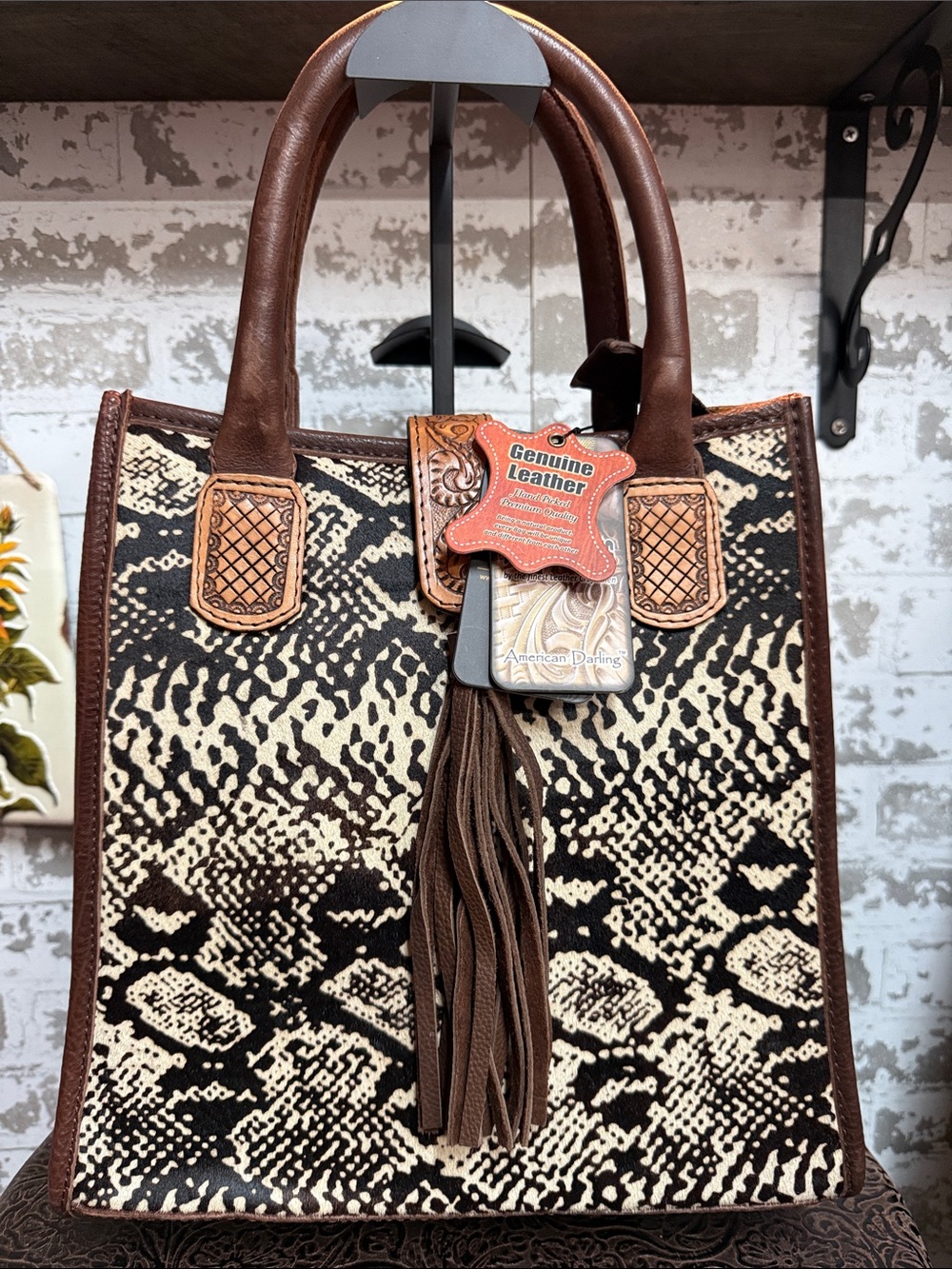 American Darling Black Cream and Brown Snake-Print Leather Tote with Tassel